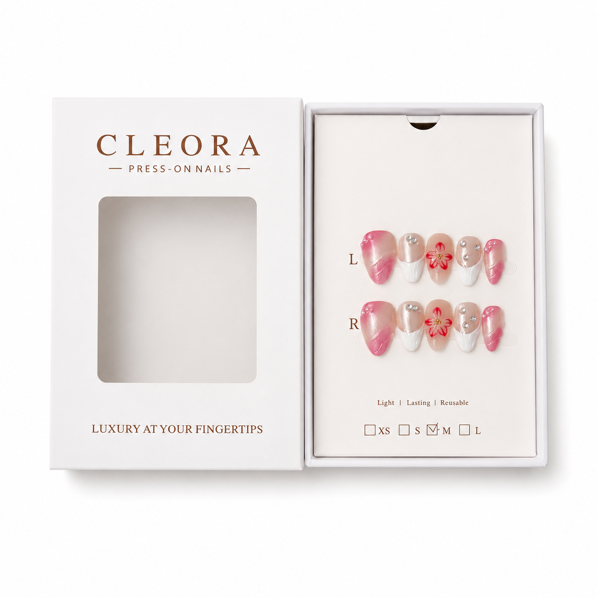 CLEORA Pink Glaze Press-on Nails mit geöffneter Verpackung