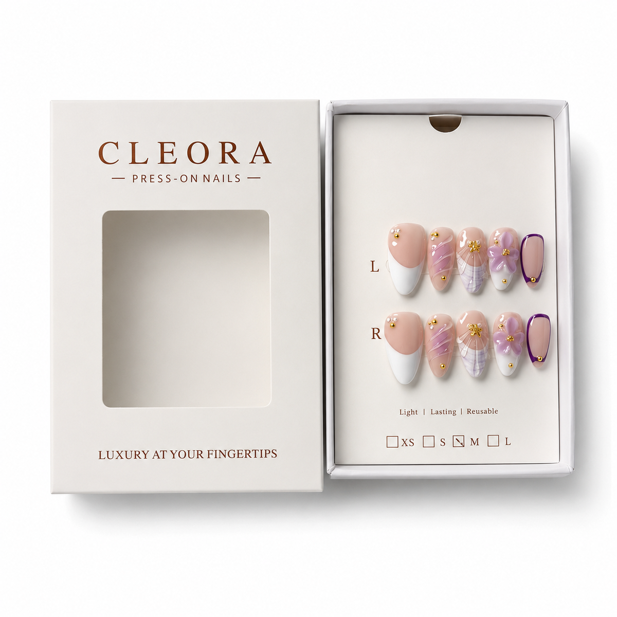 CLEORA Lilac Breeze Press-on Nails mit geöffneter Verpackung