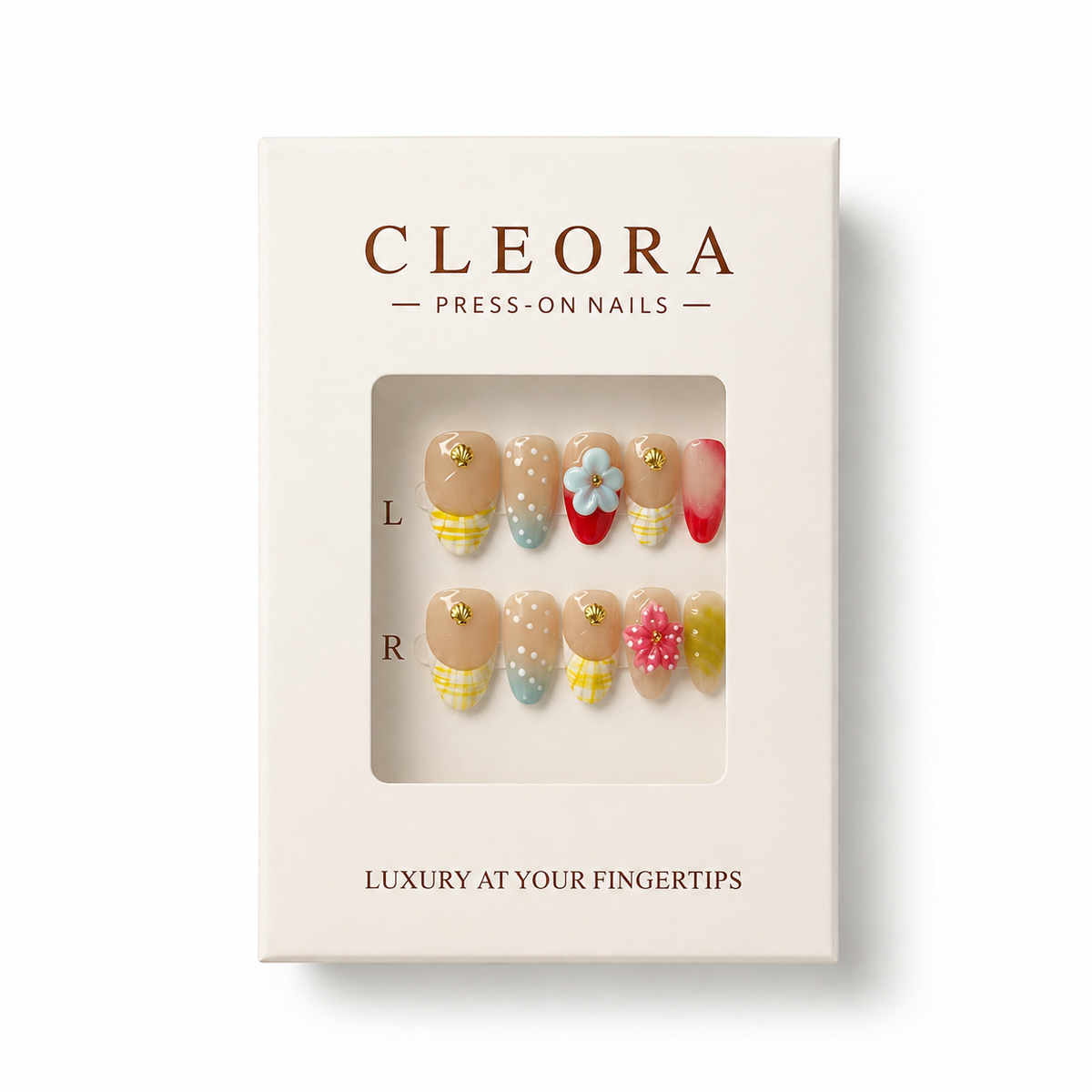 CLEORA Sunny Shells Press-on Nails in Produktverpackung