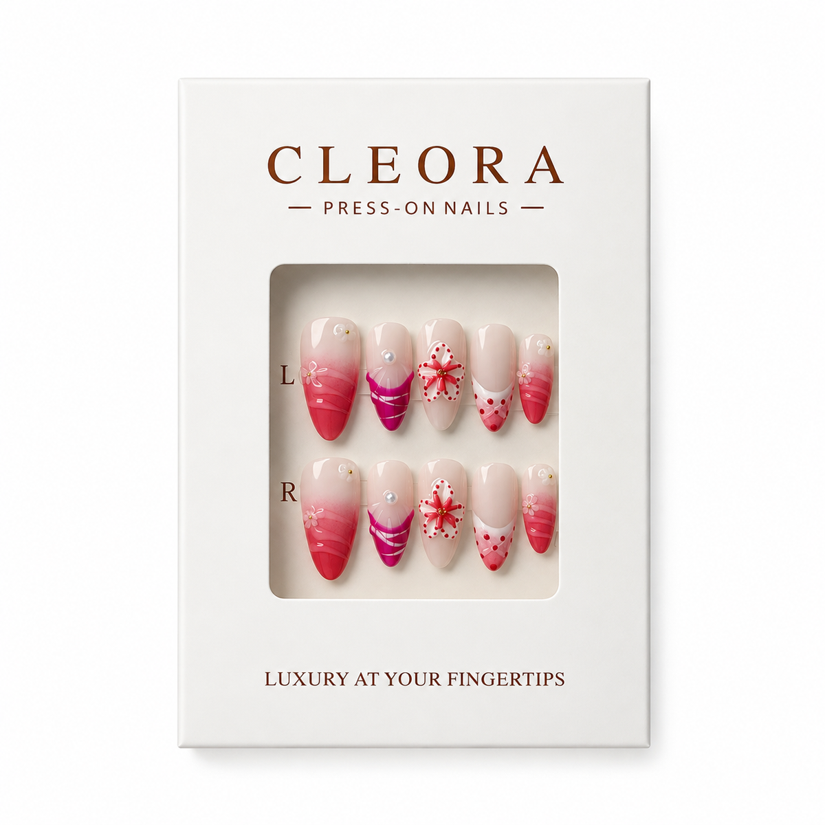 CLEORA Flamingo Bloom Press-on Nails in Produktverpackung