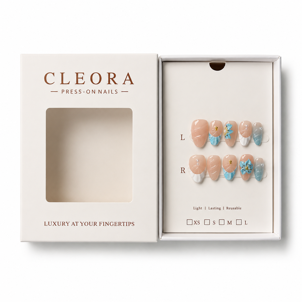 CLEORA Ocean Bloom Press-on Nails mit geöffneter Verpackung
