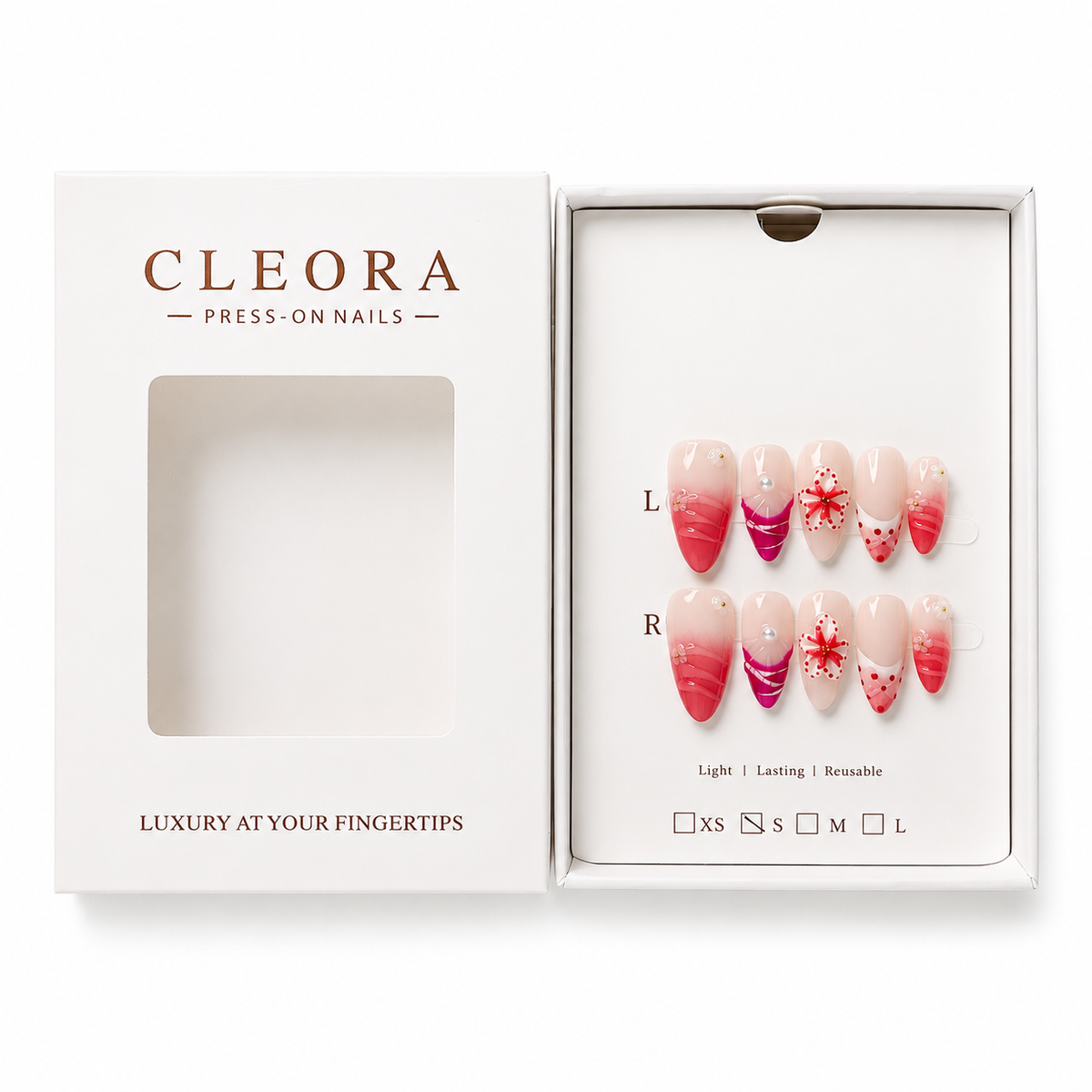 CLEORA Flamingo Bloom Press-on Nails mit geöffneter Verpackung