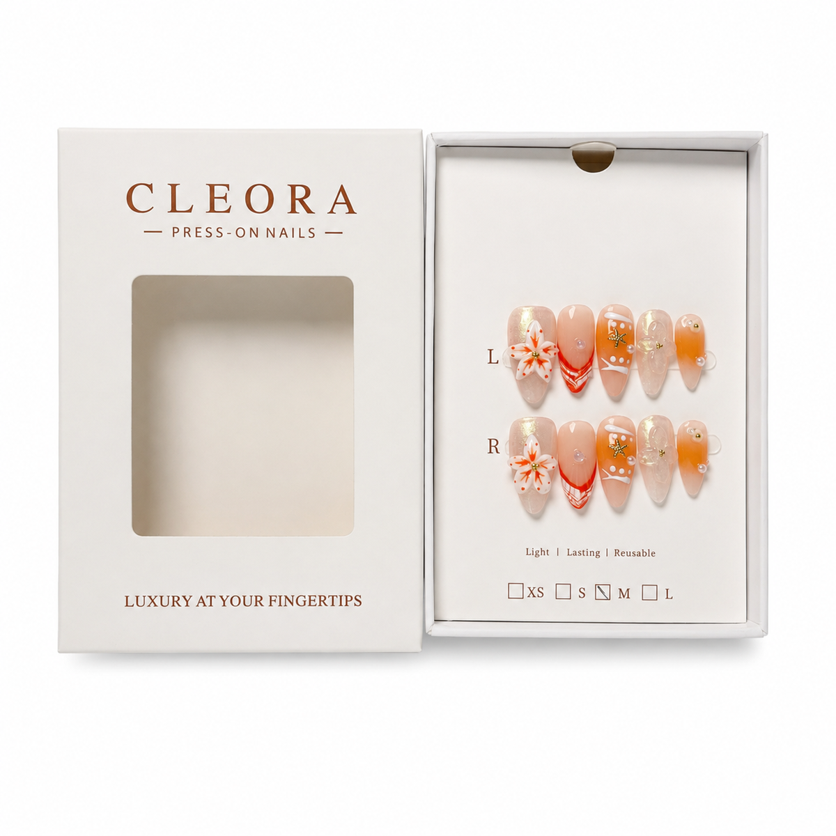 CLEORA Golden Hibiscus Press-on Nails mit geöffneter Verpackung