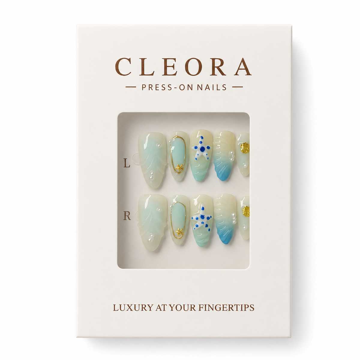 CLEORA Lagoon Pearl Press-on Nails in Produktverpackung