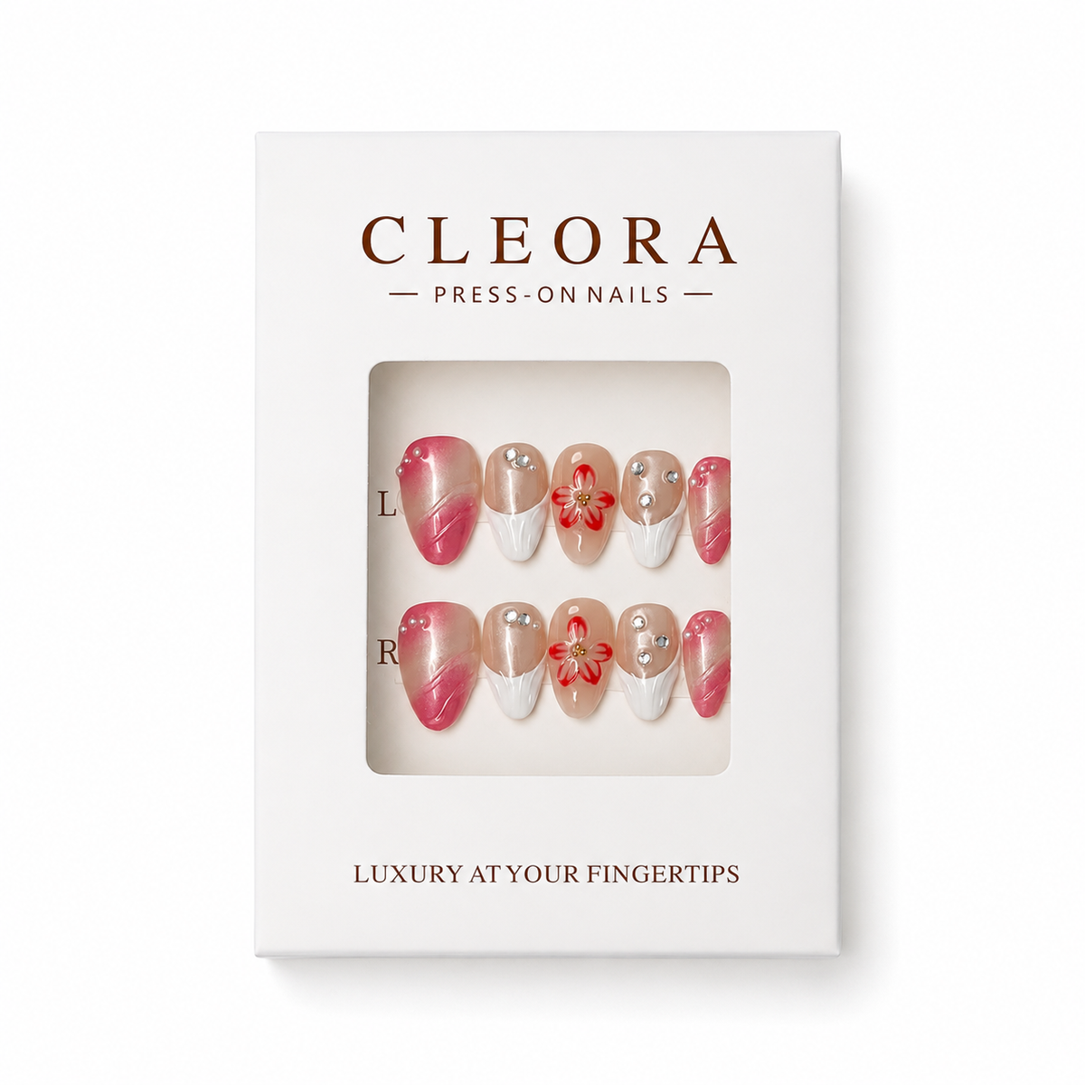CLEORA Pink Glaze Press-on Nails in Produktverpackung