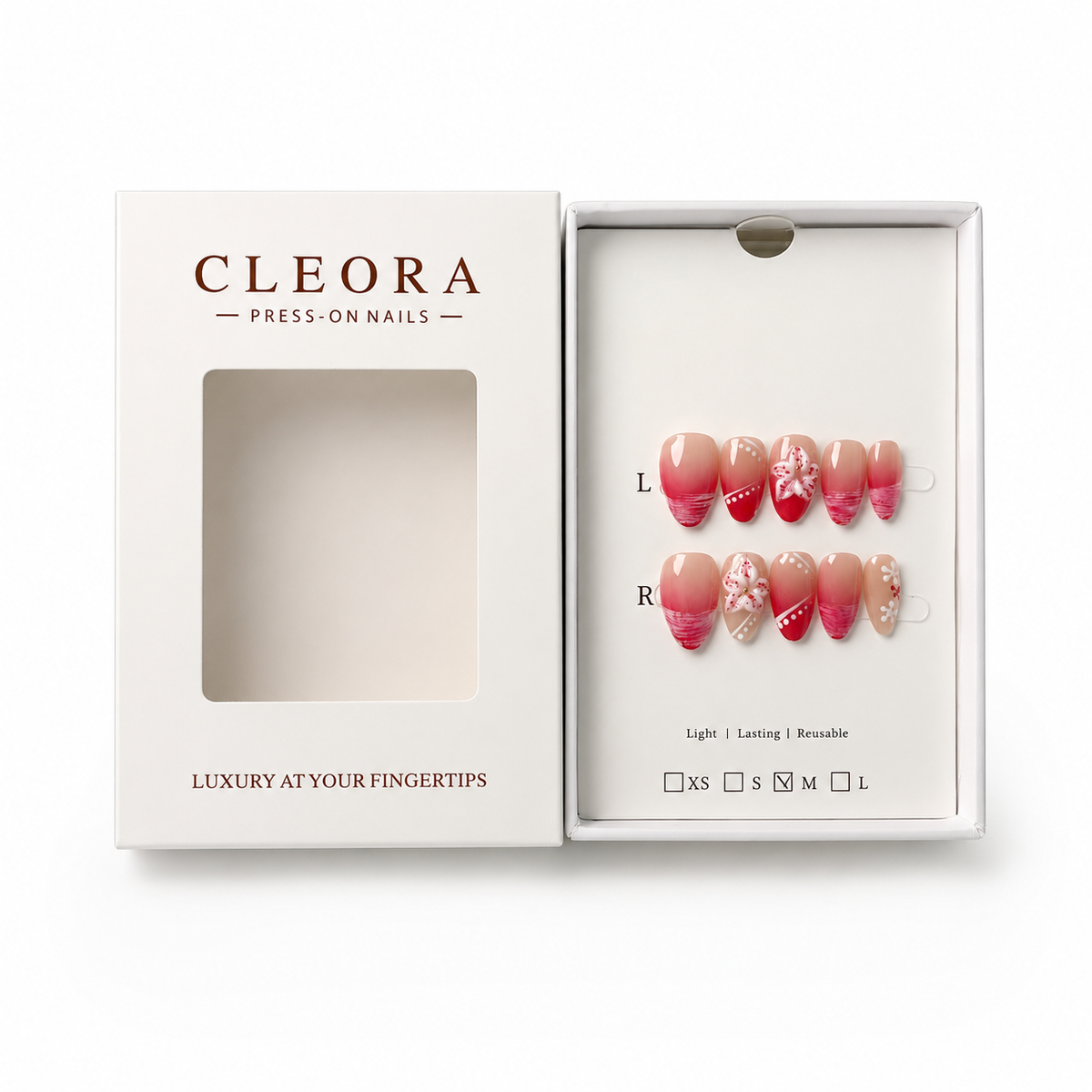 CLEORA Tropical Sunset Press-on Nails mit geöffneter Verpackung