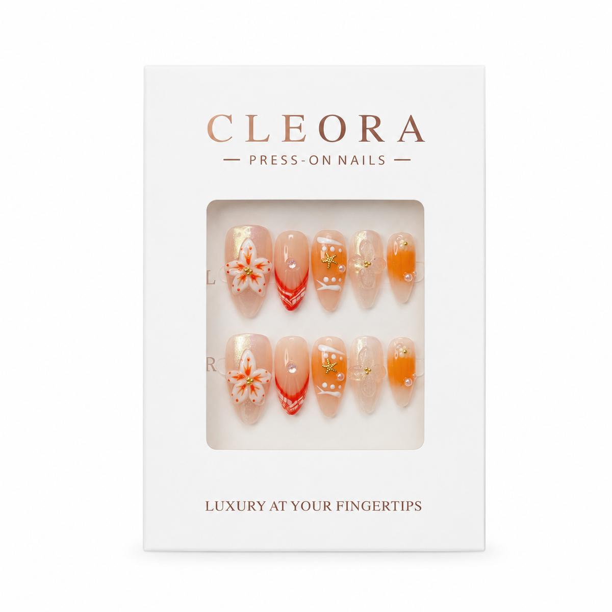 CLEORA Golden Hibiscus Press-on Nails in Produktverpackung