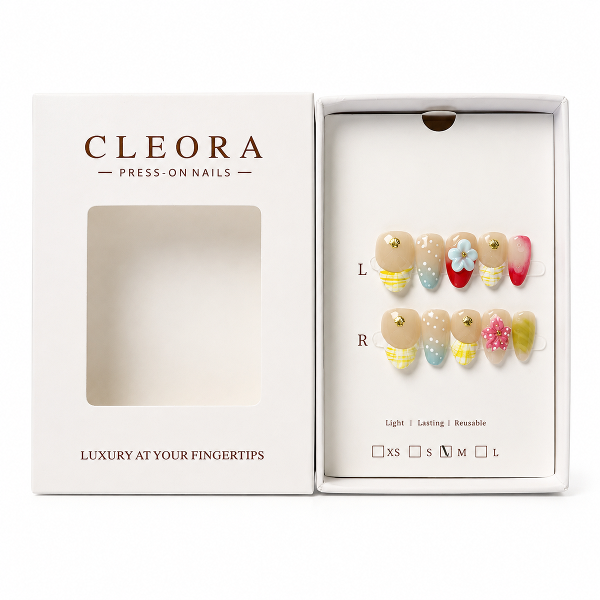 CLEORA Sunny Shells Press-on Nails mit geöffneter Verpackung