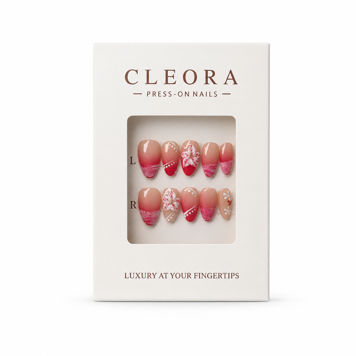 CLEORA Tropical Sunset Press-on Nails in Produktverpackung