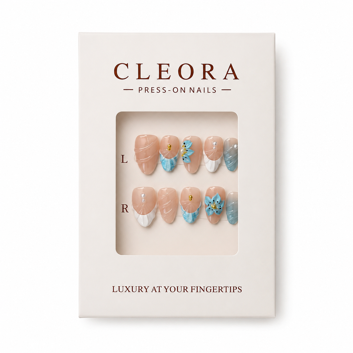 CLEORA Ocean Bloom Press-on Nails in Produktverpackung