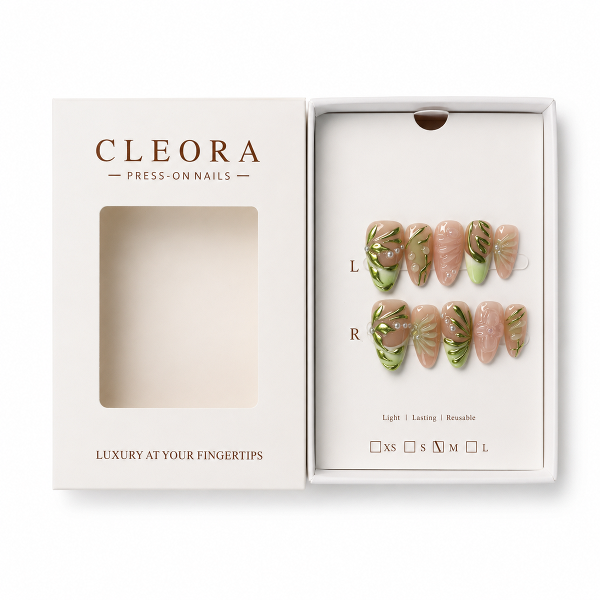 CLEORA Costal Palm Press-on Nails mit geöffneter Verpackung